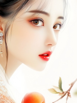 an elegant chinese woman and a Peach , beautiful eyes with long eyelashes , red lips , Jewelry earrings , smooth lines , minimalist , white background , ethereal and Zen , romantic realism ,8k. ar 3:4 v 6.0 s 100