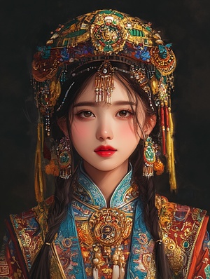 Digital Art ，全身彝族女孩，民族服饰，精美饰品，精致的服装，民族特点明显，质感超强