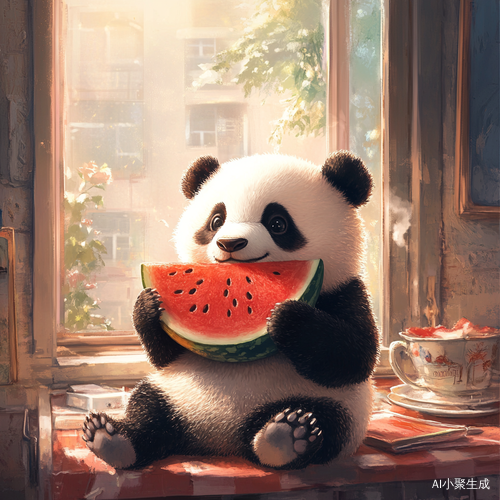小熊猫在屋里吃西瓜享受空调阳光洒进来