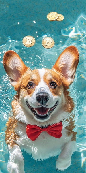 corgi floating in a body of water in the pool, wearing a red bow,happy smile, some gold coins float on the water, light white and turquoise,y2k,popular instagram,high level of deatails, realistic photos feeling