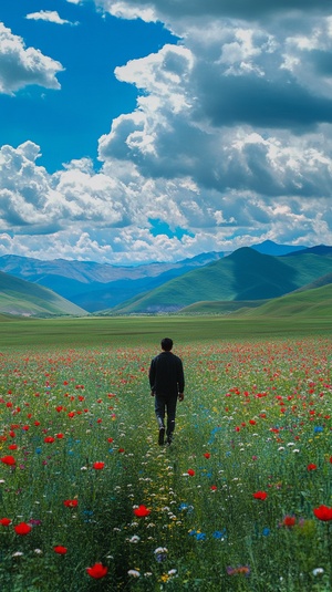 一半画面一个男人走在开满鲜花的绿色草原，画面一半天空蓝天白云