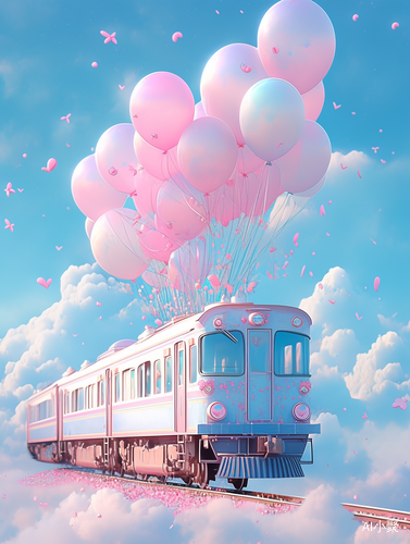 Dreamy Blue Train in Pastel Sky Surrounded by Pink Clouds