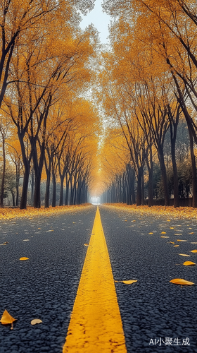 秋日宁静道路两旁金黄树木的迷人景色