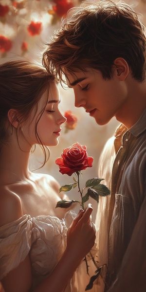 a young couple,a girl aged 20, holding a rose with both hands, a boy aged 20,leaning close, gently gazing at her, with a tender expression , warm light in the background , blooming roses,creating a dreamy atmosphere,soft color tones,romantic ambiance