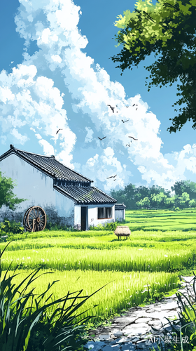 江南平原稻田景色白鹭与水车相映