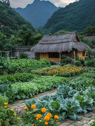 农家小院里的茅草屋与五彩时令蔬菜花海