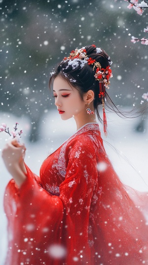 中国美女穿着古装 在雪地跳舞 一身红衣 旁边有梅花 广角 超清 氛围感 她一个人