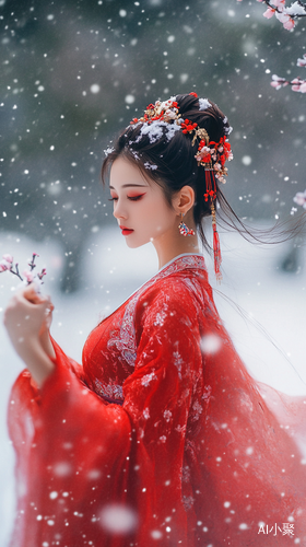 雪地中的红衣美女在梅花旁边独舞