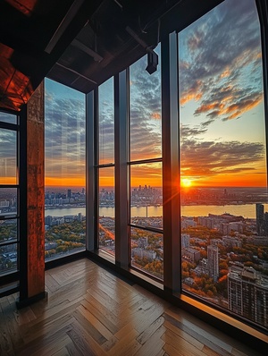 A photo of the view from inside Thekickel Tower in Manyoshu, during golden hour, showing the view over Montreal City and river, was posted on RedditSnapchat in 2024 in the style of an American man who works at his mom's business center.