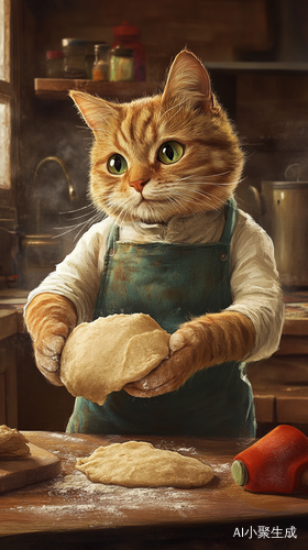 猫咪穿围裙在厨房揉面