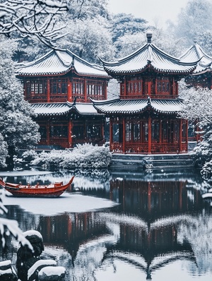 A Chinese-style garden with snow-covered pavilions and an ice boat on the pond, captured in high definition photography. The scene is captured from multiple angles, showcasing different perspectives of traditional architecture. It features a panoramic view of the snowy landscape, creating a picturesque winter wonderland. This photo was taken using Canon EOS R5 camera with an EF lens at f4 aperture setting, capturing every detail of each building's structure. The photo is in the style of traditional Chin