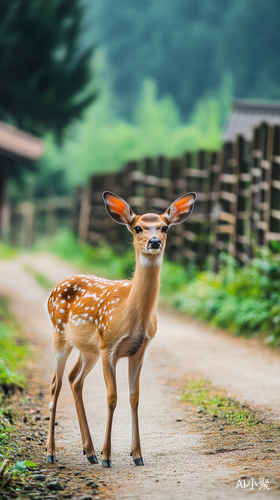 乡村马路上的小花鹿与自然美景