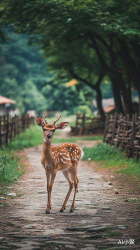 乡村马路上的小花鹿与自然美景