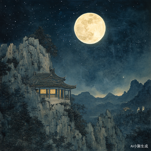 夜晚山顶月亮星空与亭台的和谐
