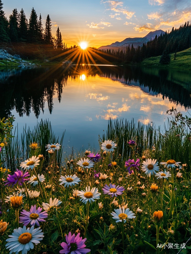 夕阳湖面盛景青山花海温暖如画