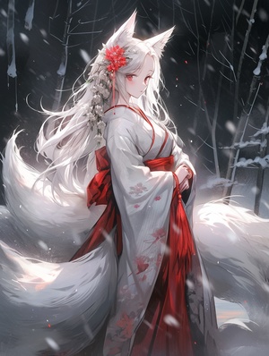 狐狸精美女，白发如雪，柔顺而飘逸，红衣火焰般艳丽，衣袍薄纱轻盈若云，面容妩媚动人，双眼闪烁着神秘光芒，背景为月夜森林，银色月光洒落，营造出梦幻而迷人的氛围。