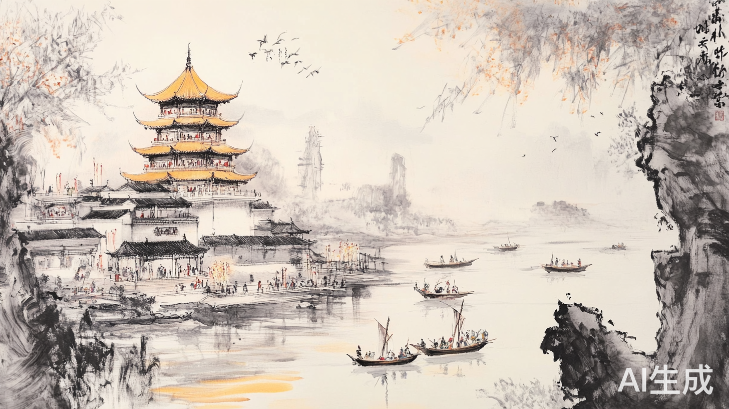 黄鹤楼下江面笛声悠扬舟上蓑翁独坐