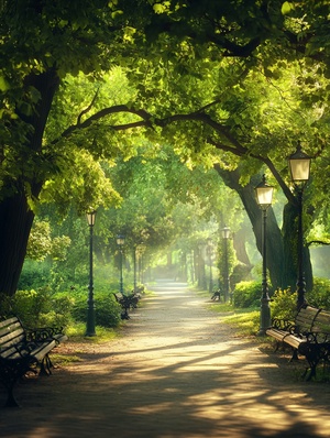 A serene park pathway lined with benchesand lamp posts, surrounded by lush green trees withsunlight filtering through the canopy, creating acomfortable and peaceful atmosphere, shot in acentered mid-long shot, in a realistic style with softlighting