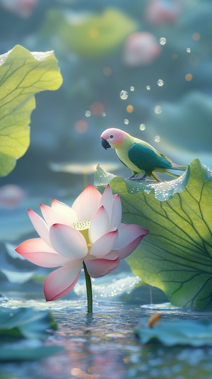 At dawn, a pink and a white lotus flower,along with a pink-and-white bud, emerge from thelake, supported by a large lotus leaf. The dew on thelotus flowers and leaf glistens in the morning sun,shining brilliantly. Two beautiful parrots sing anddance gracefully among the lotus leaves.8k,HD,animation lighting, depth of field, ultra-detailed