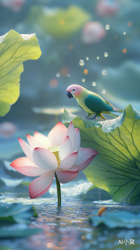 Morning Lotus Blossoms and Parrots in Radiant Dawn