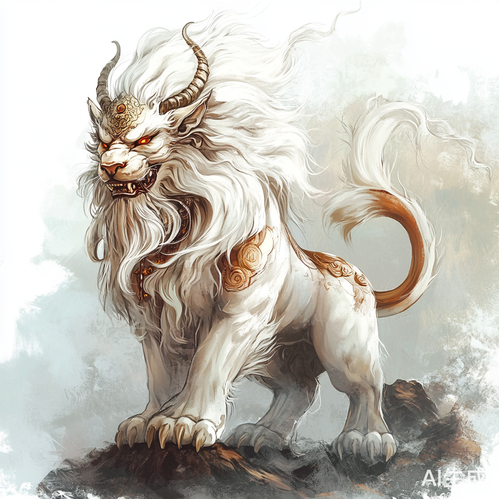 中国传说神兽白泽细节淡彩插画