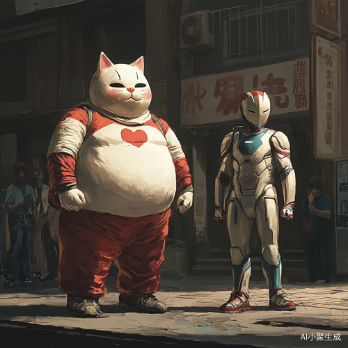 广场上的卡通猫面具男孩与奥特曼面具男孩