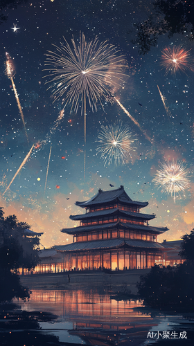 烟花照亮星空的浪漫夜晚