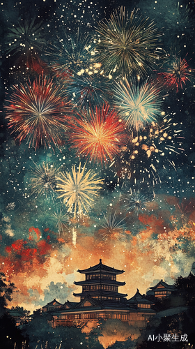 烟花照亮星空的浪漫夜晚
