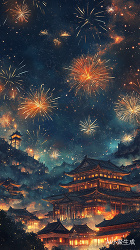 烟花照亮星空的浪漫夜晚