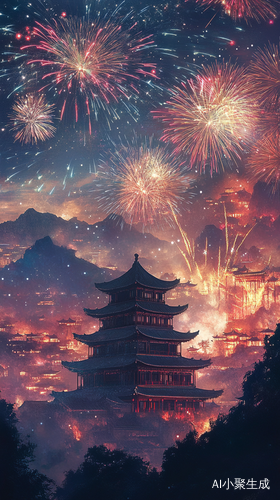 烟花照亮星空的浪漫夜晚