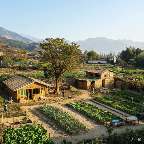 俯瞰农家小院草屋槐树与农具的乡村全景