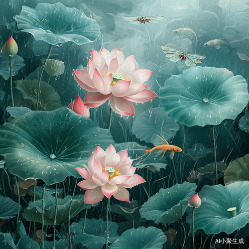 雨中粉色荷花蜻蜓飞舞鱼儿游动的唯美风景