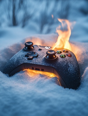 There is an xbox handle in the snow, part of the handle is burning with flames, fine detail, realism, strong impact in tranquility, professional photographer lens, Canon EOS, photographer Vincent Favre, photographic style, best quality, AR 3: 4, v6