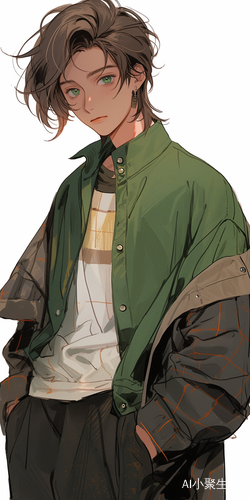 棕色头发绿色眼睛穿黑白衣服的男生