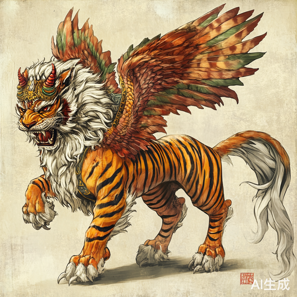 中国古代神兽英招人马身全身虎纹双翼插画