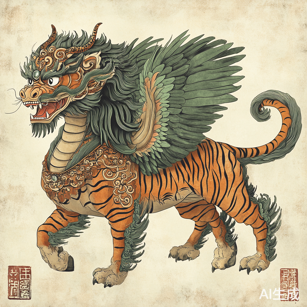 中国古代神兽英招人马身全身虎纹双翼插画