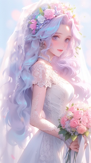 Kawaii anime style wedding dress, light blue background with pink and purple roses, long curly hair, veil, sparkling eyes, pastel colors, watercolor,fantasy art, fantasy world, soft lighting, dreamy atmosphere, detailed illustration, digital painting,cute girl character portrait, full body shot, high resolution, high quality, high detail in the style of a fantasy art. ar 3:4