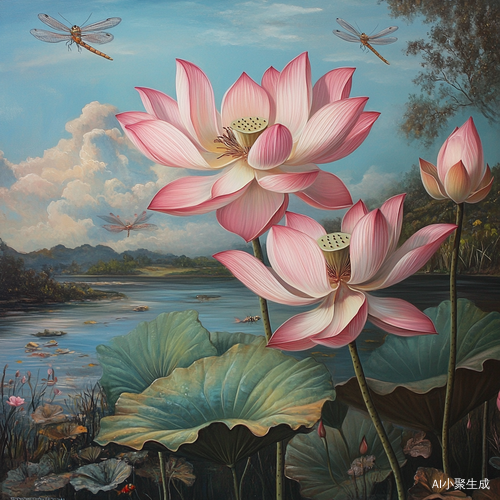 粉色巨无霸荷花与蜻蜓水中鱼儿的唯美风景