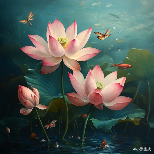 粉色巨无霸荷花与蜻蜓水中鱼儿的唯美风景