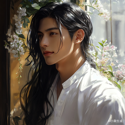 春天室内阳光下的精致黑发美少男