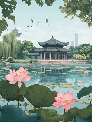 盛夏的荷花池塘，中式插画风景，粉嫩的荷花娇艳绽放，碧绿的荷叶环绕承托，清香扑鼻，映衬着湛蓝的天空。蝉鸣阵阵，如自然交响，悠扬回响在温暖的空气中。亭台楼阁间，古代文人雅集，吟诗作画，或在水边垂钓，细品茶香，享受悠闲的夏日时光，深邃的文化气息弥漫四周，宛如画卷般静谧而迷人。