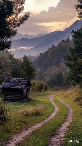 乡村弯曲小路与木屋的宁静美景