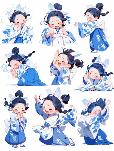 小女孩青色汉服表情与动作插画可爱风格国风设计