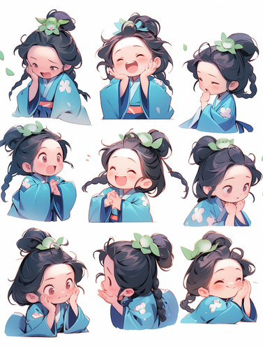 小女孩青色汉服表情与动作插画可爱风格国风设计