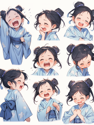 小女孩青色汉服表情与动作插画可爱风格国风设计