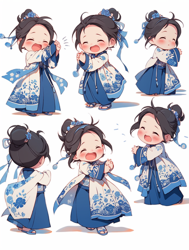 小女孩青色汉服表情与动作插画可爱风格国风设计