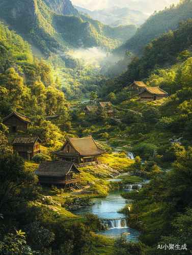 梦幻山谷中的治愈系小木屋与溪流阳光