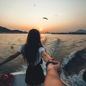 s.mj.runObNz-lupjog a girl wearing a black skirt and white t-shirt, holding hands with her boyfriend on a yacht in d pier of lingshan sea park in quanzhou city, china at sunset. the sea is calm, there are some birds flying around, she has long hair with bangs hanging down, in the style of photo realism, the photo taken with a canon camera from behind view. ar 9:16 iw 1.6 v 6