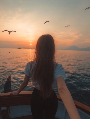 a girl wearing a black skirt and white t-shirt, holding hands with her boyfriend on a yacht in d pier of lingshan sea park in quanzhou city, china at sunset. the sea is calm, there are some birds flying around, she has long hair with bangs hanging down, in the style of photo realism, the photo taken with a canon camera from behind view. ar 9:16 iw 1.6 v 6