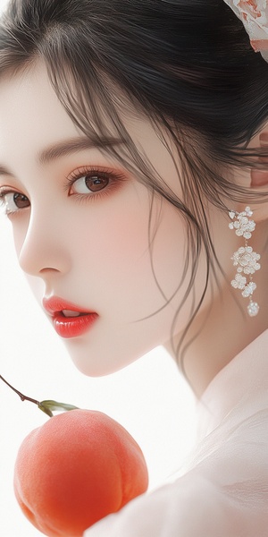 an elegant chinese woman and a Peach , beautiful eyes with long eyelashes , red lips , Jewelry earrings , smooth lines , minimalist , white background , ethereal and Zen , romantic realism ,8k. v 6.0 s 100